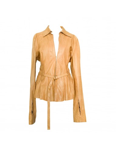 Roberto Cavalli S/S 2003 Tan Crinkled Leather Jacket with Floral Perforations Découvrez la collection