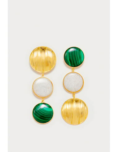 Dark Green & Gold Geometric Double Stone Earrings de pas cher