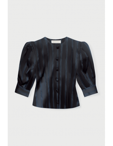 BLACK & CELESTE Satin Striped Blouse with Puff Sleeves store