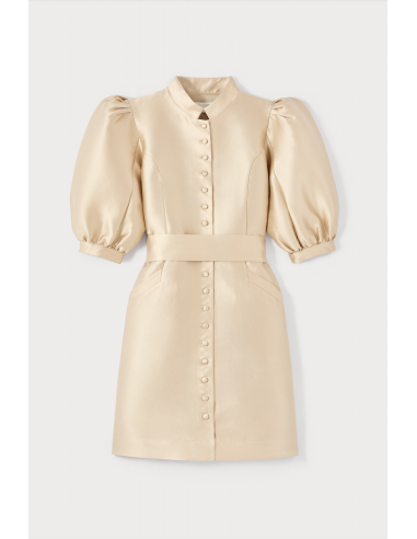 BEIGE Satin Puff Sleeve Mini Dress Jusqu'à 80% De Réduction