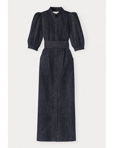 DARK BLUE Denim Puff Sleeve Long Dress paiement sécurisé