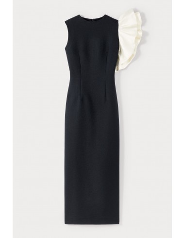 BLACK & WHITE Crepe Midi Dress with Asymmetric Ruffle Detail 50-70% off 