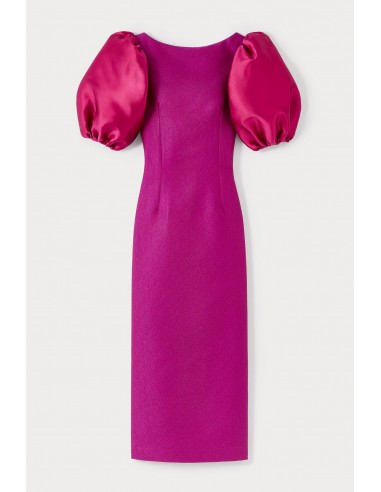 Fuchsia Structured Puff Sleeve Midi Dress pas chere